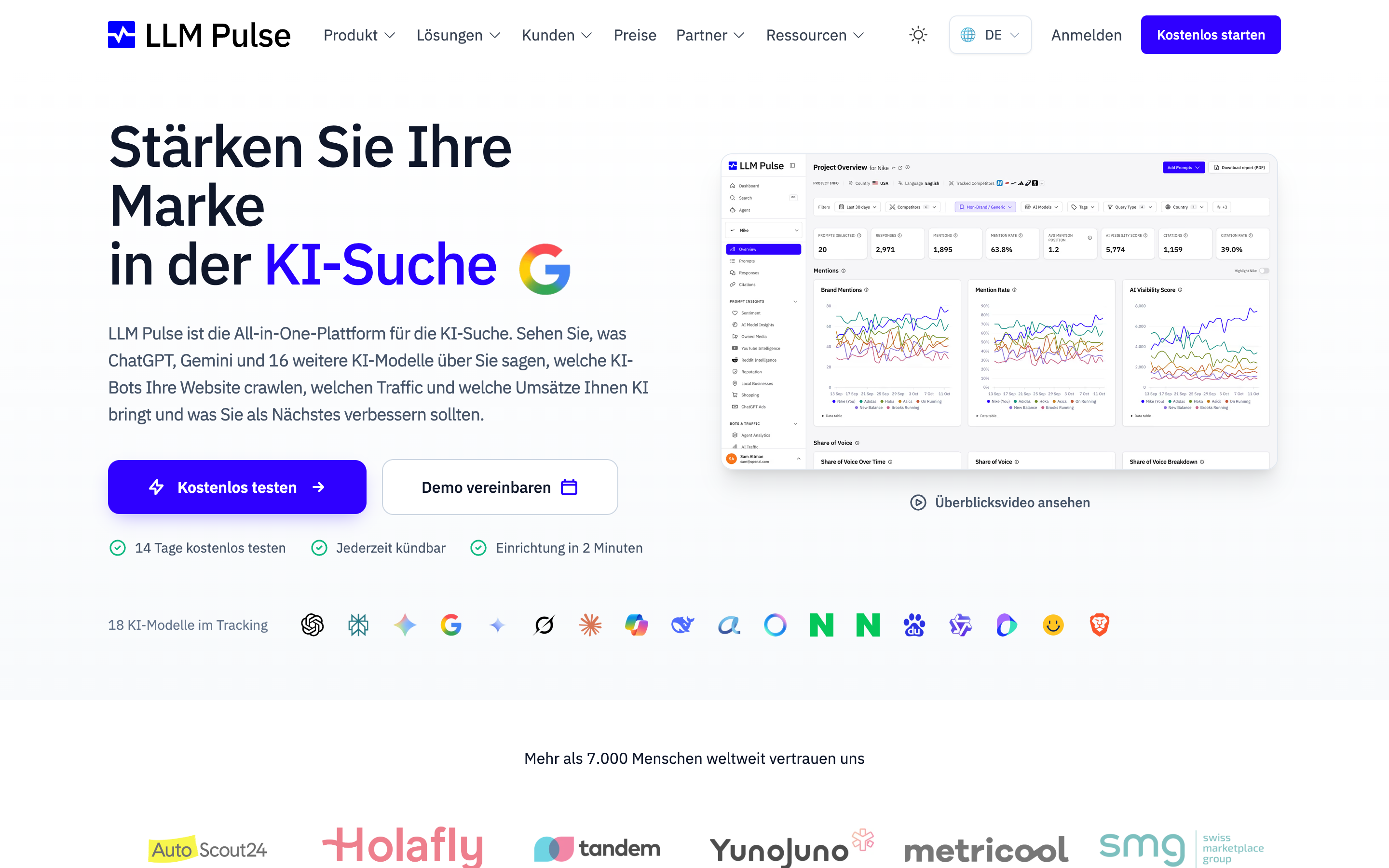 The LLM Pulse homepage in German, with the headline "Stärken Sie Ihre Marke in der KI-Suche" and the 18 tracked AI models