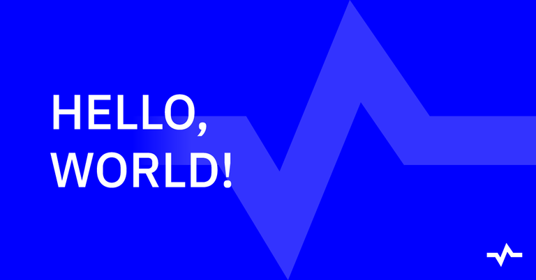 Blue graphic with large white “HELLO, WORLD!” text and a geometric zigzag design.